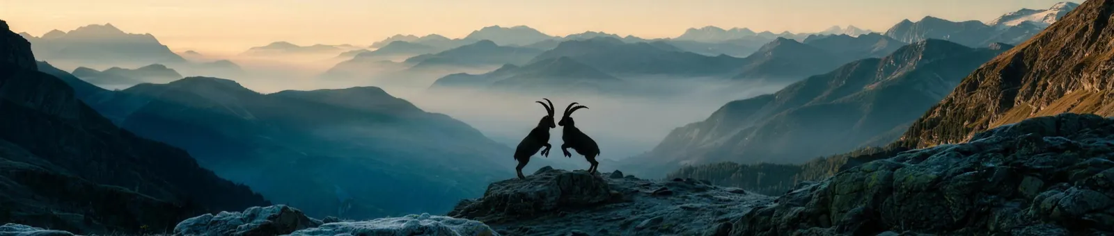 Two male Alpine ibex rearing up and clashing horns on a rock spur high above a mist-filled alpine valley at dawn, layered ridges receding behind them